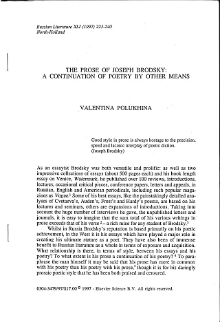 The Prose of Joseph Brodsky: A Continuation of Poetry by Others Means.